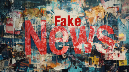 Fototapeta premium A striking display features the phrase Fake News in bold red over a colorful collage, illustrating the messy and contentious nature of modern media discourse