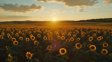 Obraz premium Aerial view over sunflowers field on sunset 
