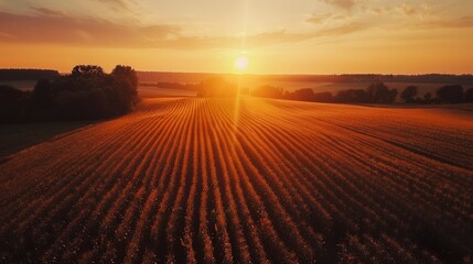 Aerial view over cornfield on sunset