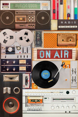 Collection of vintage turntables, speakers, compact cassettes and tape recorders
