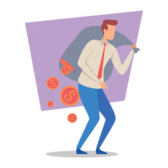 Businessman in formal attire carrying money bag over his shoulder, symbolizing financial success and profit collection. Achievement and motivation in business concept