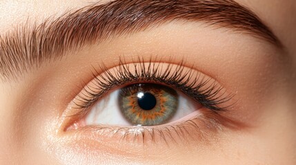 Obraz premium Close up of beautiful female eye with long eyelashes, perfect eyebrow, and flawless skin, highlighting the effectiveness of beauty treatments and cosmetics for enhancing natural features
