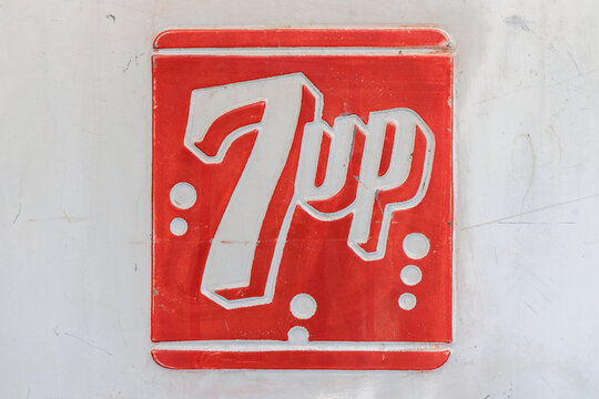 Close up of a vintage advertisement placard of 7up soda drink in Den Bosch, The Netherlands on May 12, 2024