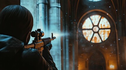 Person aims rifle, shots fired, old building backdrop.