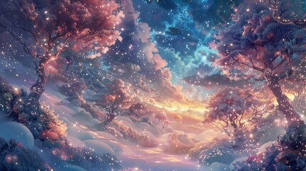 Fototapeta premium A magical sparkling imaginary world with shiny trees 