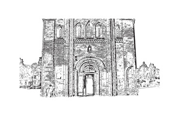 Print Building view with landmark of Chernihiv Ukraine city. Hand drawn sketch illustration in vector.