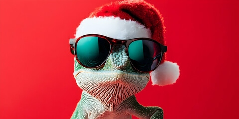 A green chameleon wearing sunglasses and a Santa Claus hat on a red background