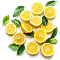Freshly Sliced Lemons with Green Leaves on White Background Vibrant Citrus Fruit