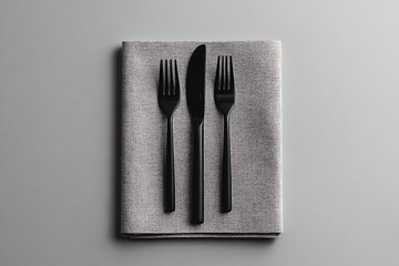 Elegant Black Cutlery Set on a Gray Linen Napkin