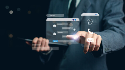AI Chat BOT Assistant Interaction to Help and Support Customers in Digital Communication, Businessman Using AI Conversation Assistant, Contact Us, Online Service with AI Chatbot for Efficient Support