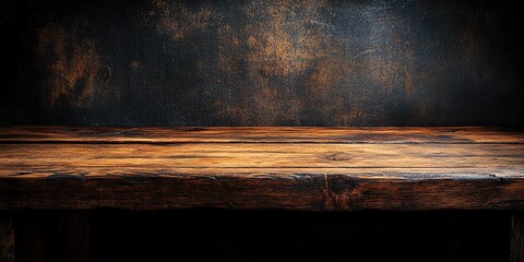 Rustic Wooden Table Surface Against Dark Textured Wall Background Image