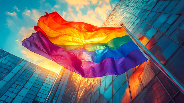 Rainbow flag waving in the wind in front of modern buildings at sunset