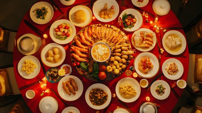 Colorful festive display of decorative plates, intricate patterns, warm ambiance, ideal for event promotions or culinary themes.