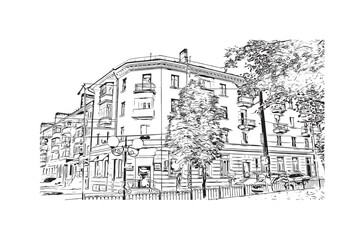 Print Building view with landmark of Chernihiv Ukraine city. Hand drawn sketch illustration in vector.