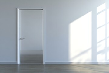 Modern White Door with Sunlight Shadows on a Light Gray Wall