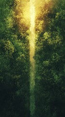 A minimalist aerial composition of a narrow road piercing through a dense forest, surrounded by deep green hues and golden sun rays filtering through.
