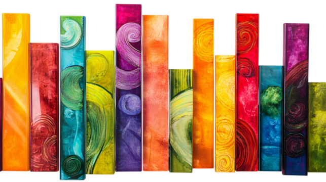 Colorful abstract bars, with swirling patterns and vibrant colors, on a white background --ar 16:9