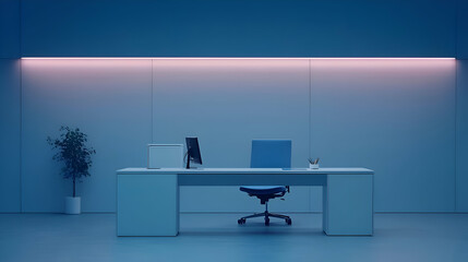 Fototapeta premium Modern Minimalist Blue Office Interior with Desk and Chair