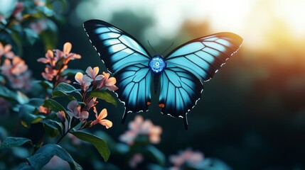 Mystical Cybernetic Butterfly with Holographic Elements in Nature
