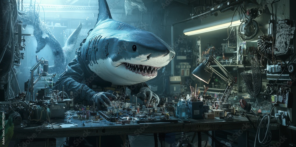 Poster futuristic shark scientist in high-tech lab underwater research environment creative concept art