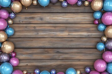 Obraz premium Colorful Balloons Frame a Wooden Background for Celebrations