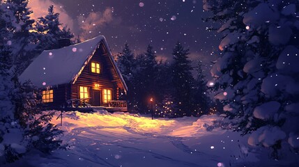 Fototapeta premium Lofi Anime Style Cozy Cabin Amidst a Snowy Winter Night