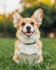 Playful Corgi Puppy Practicing Sit and Stay in a Lush Green Field