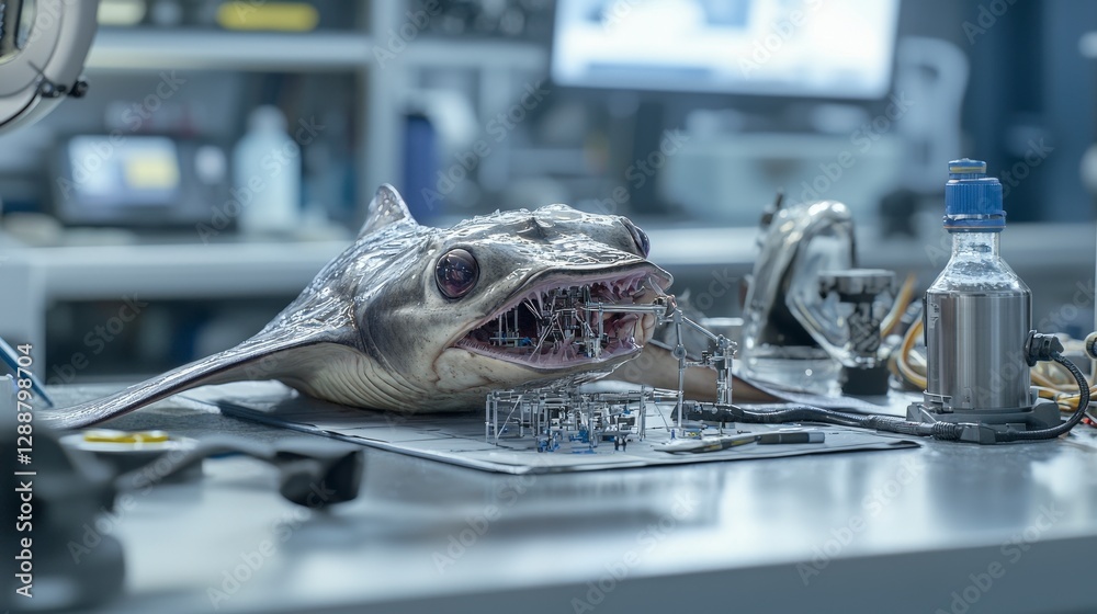 Poster innovative stingray engineering prototypes in laboratory technology experimentation close-up view sc