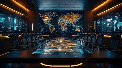 Strategic Supply Chain Planning in Glowing Boardroom with Holographic Map Visualization