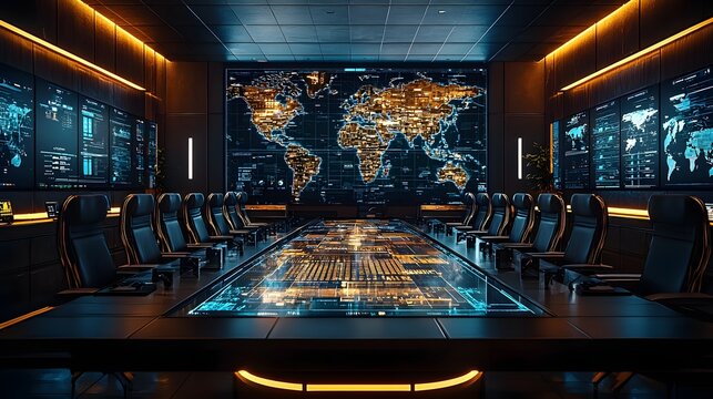 Strategic Supply Chain Planning in Glowing Boardroom with Holographic Map Visualization - Powered by Adobe