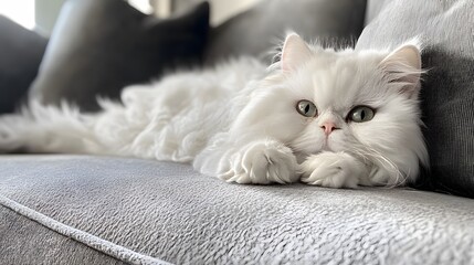 Fluffy white cat lounging on a cozy couch, serene and relaxed atmosphere, perfect for pet lovers and home decor themes.