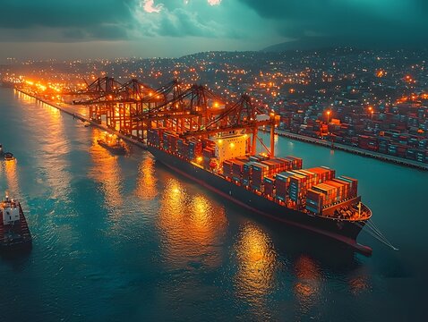 Vibrant port scene with glowing cargo containers loaded onto a ship under dramatic lighting showcasing global trade efficiency and supply chain