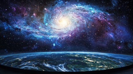 A futuristic holographic map of the universe floats above Earths surface, revealing hidden galaxies