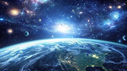 Fototapeta premium A futuristic holographic map of the universe floats above Earths surface, revealing hidden galaxies