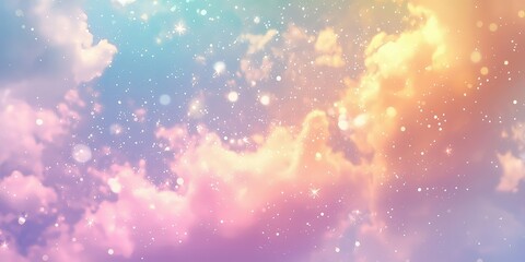Magical glittering sky with floating fairy lights and pastel rainbow hues.