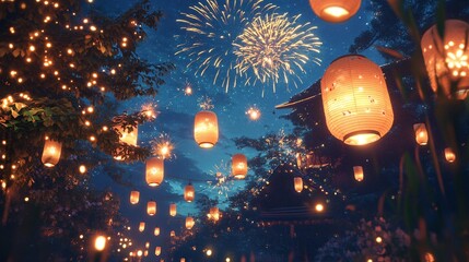 Obraz premium Summer Festival Under a Night Sky Illuminated by Fireworks and Paper Lanterns