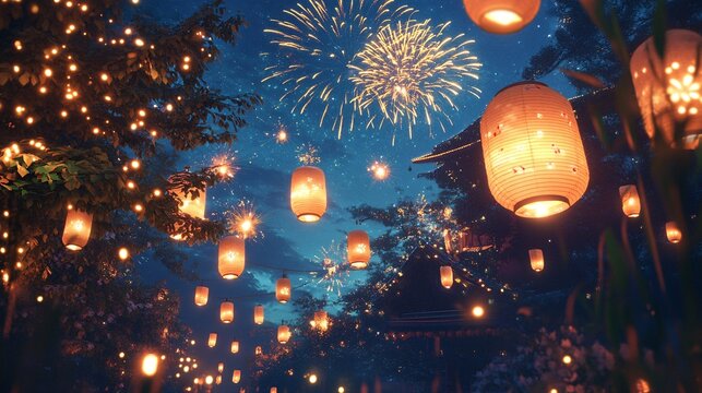Summer Festival Under a Night Sky Illuminated by Fireworks and Paper Lanterns