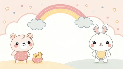 Obraz premium a cute illustration of a bear and a bunny under a rainbow in a dreamy pastel setting. A duckling in a small bowl in the middle