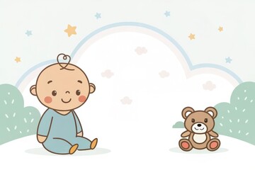 a cute baby is sitting on the ground near a teddy bear, with a smiling and cheerful face. the image is in a cute style and light color