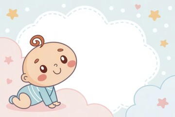 a cute baby is crawling on a fluffy cloud with copy space and small stars