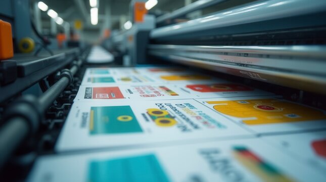 Professional Printing Press Running Colorful Marketing Materials in Print Shop
