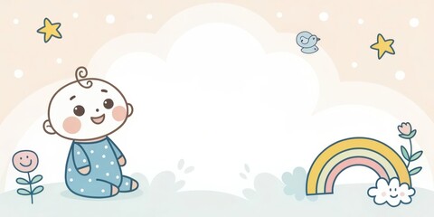 a cute baby sitting next to a rainbow with stars and cloud decor