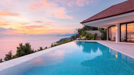 Fototapeta premium Infinity Pool Overlooking Ocean at Sunset with Beautiful Sky