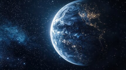 Obraz premium A futuristic AI-generated artificial moon orbits Earth, glowing with synthetic starlight