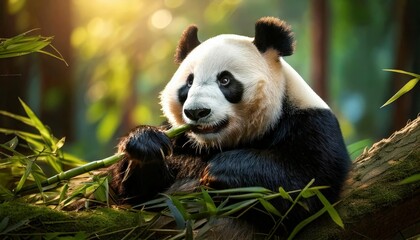 Obraz premium Playful Panda Eating Bamboo in Lush Green Forest