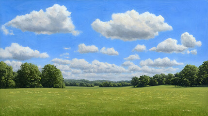Summer Landscape with Fluffy White Clouds and Lush Green Field