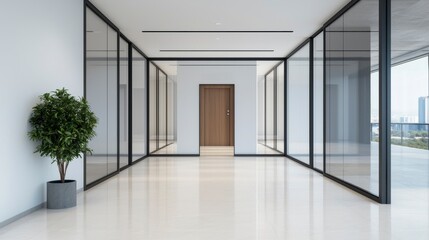 Fototapeta premium Modern Office Entrance with Sleek Glass Doors and Minimalist Design