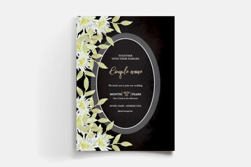 WEDDING INVITATION FRAME WITH FLOWER DECORATIONS AND FRESH LEAVES 