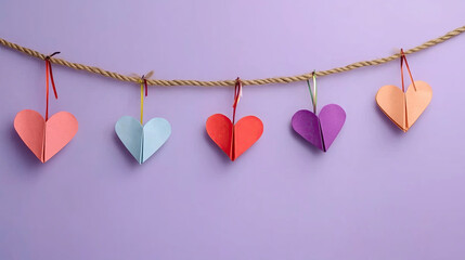 Minimalist International Women's Day Design: Diagonal Hemp Rope with Abstract-Origami Hearts on Lavender, Rainbow Ribbons & Soft Shadows for Social Activism, Gender Equality & Event Graphics