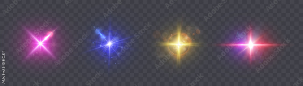 Poster set of bright colorful vector glare and transparent light refraction effects. vector illustration.